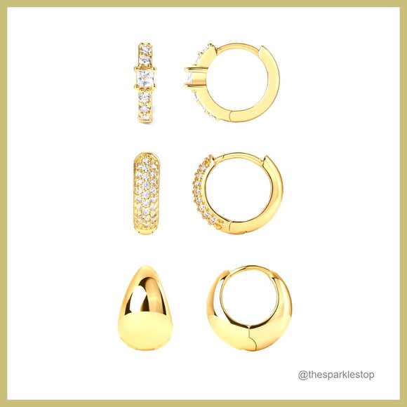18K Gold Plated 925 Sterling Silver Huggie Hoop Earrings Set